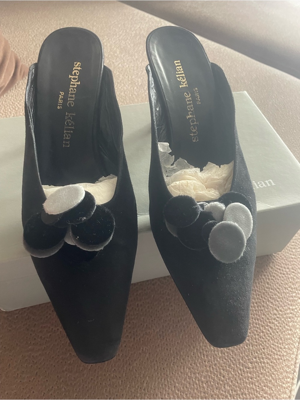 Stephane Kelian Black Velvet Pointed Mules with Pom Embellishment